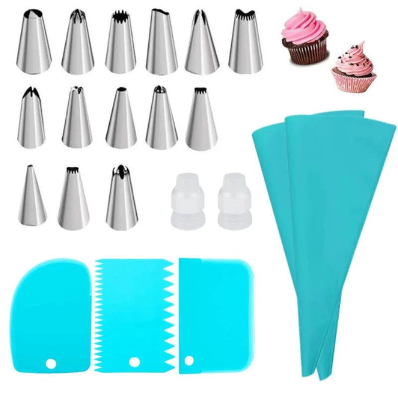 Silicone Piping Bags and Tips Set Cake DIY Decorating Kit with Stainless Steel Nozzle Reusable Silicone Pastry Baking Tool